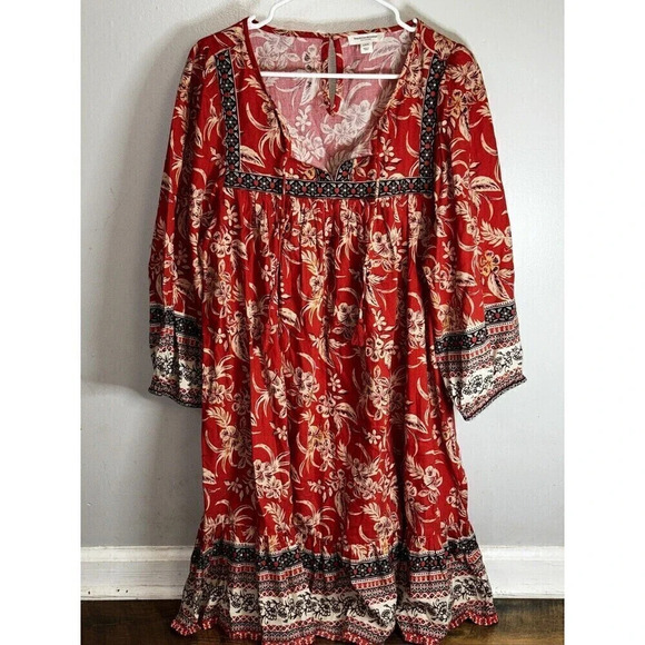 Beach Lunch Lounge Midi Dress SZ L Red FLORAL BOHO  Cottagecore Boho Rayon - Picture 1 of 6